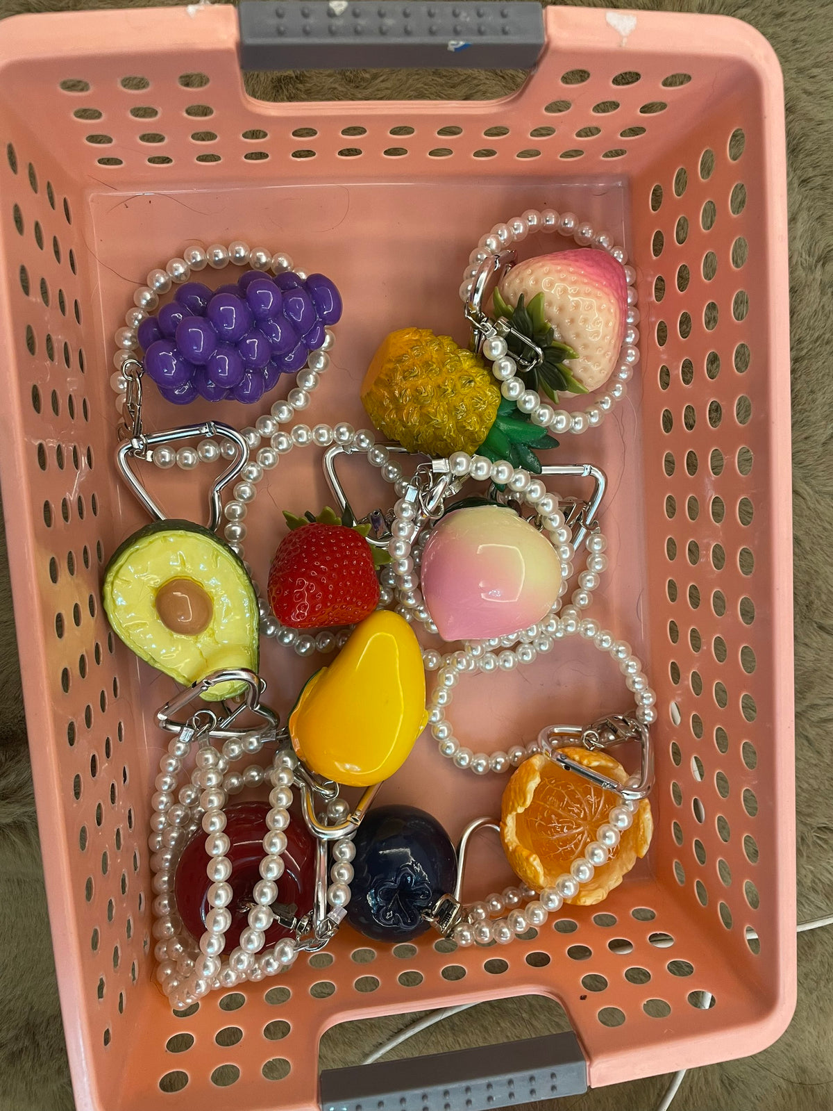 Fruit keychains, various shapes, apple, blueberry, strawberry, orange, cherry, avocado